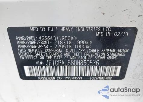 2013 Subaru Impreza 2.0I Sport Premium from USA, damaged, VIN JF1GPAL68DH850536